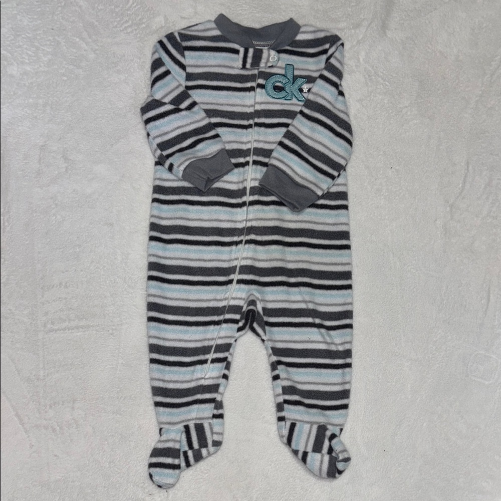 Calvin Klein Striped Gray and Blue fleeceOne Piece footie / sleeper